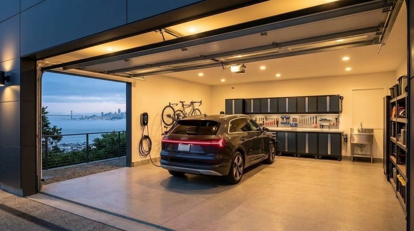 Local Garage Door Interior View of Custom Garage Door Overhead and Workshop